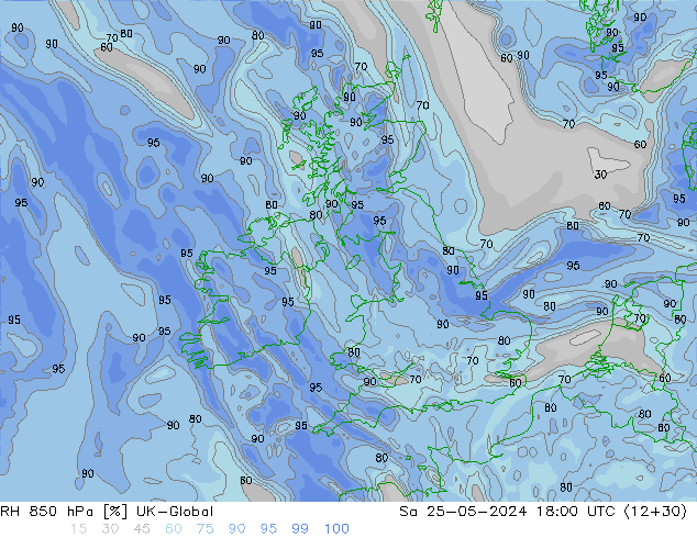 Humidité rel. 850 hPa UK-Global sam 25.05.2024 18 UTC