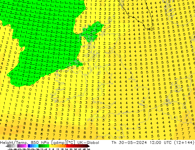 Height/Temp. 850 hPa UK-Global Th 30.05.2024 12 UTC