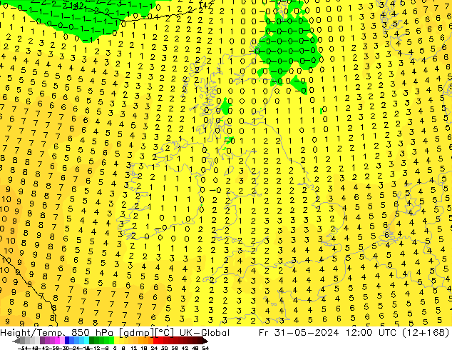 Height/Temp. 850 hPa UK-Global Fr 31.05.2024 12 UTC