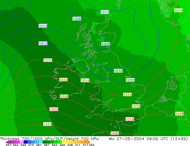 Dikte700-1000 hPa UK-Global ma 27.05.2024 09 UTC