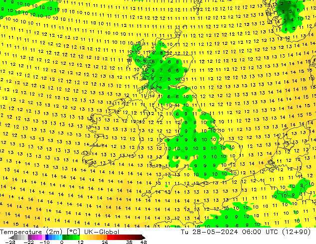 Temperature (2m) UK-Global Út 28.05.2024 06 UTC