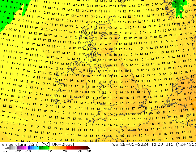 Temperature (2m) UK-Global St 29.05.2024 12 UTC