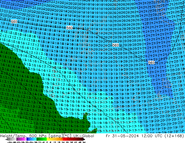 Height/Temp. 500 hPa UK-Global pt. 31.05.2024 12 UTC