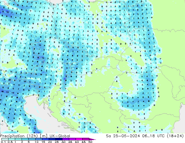 Totale neerslag (12h) UK-Global za 25.05.2024 18 UTC