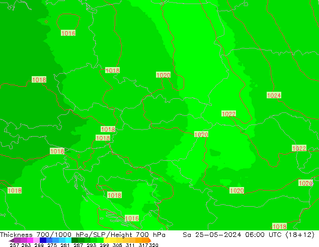 Thck 700-1000 hPa UK-Global sab 25.05.2024 06 UTC