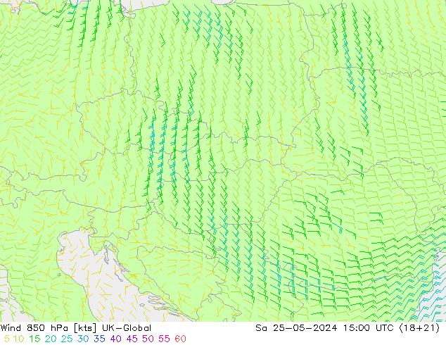 Vento 850 hPa UK-Global Sáb 25.05.2024 15 UTC