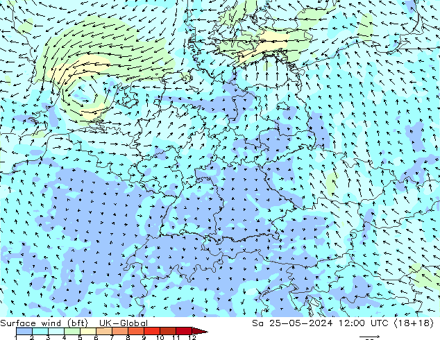 Viento 10 m (bft) UK-Global sáb 25.05.2024 12 UTC