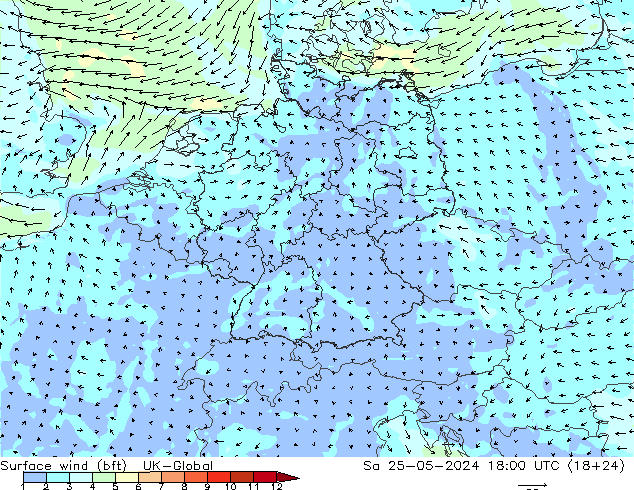 wiatr 10 m (bft) UK-Global so. 25.05.2024 18 UTC