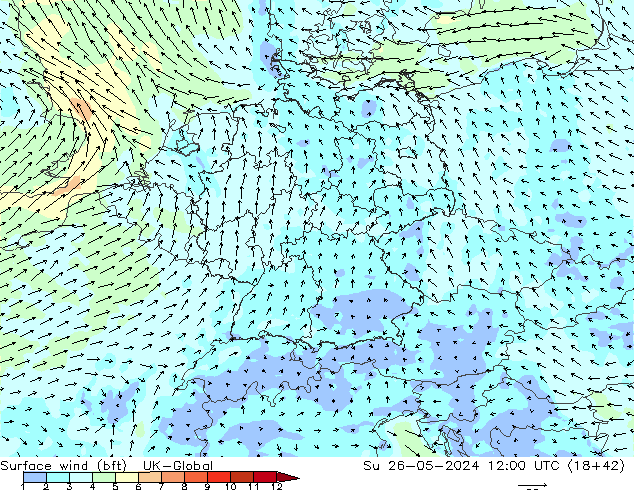 Viento 10 m (bft) UK-Global dom 26.05.2024 12 UTC