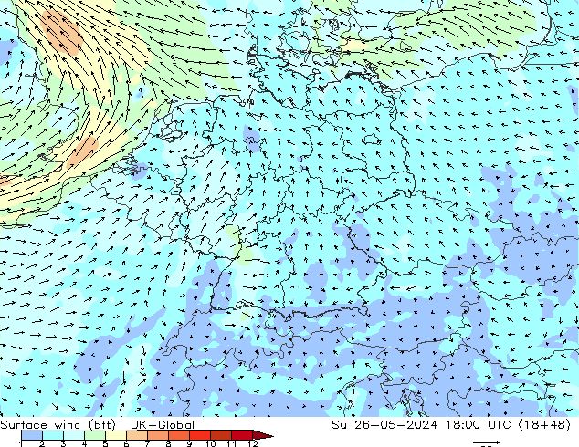 Viento 10 m (bft) UK-Global dom 26.05.2024 18 UTC