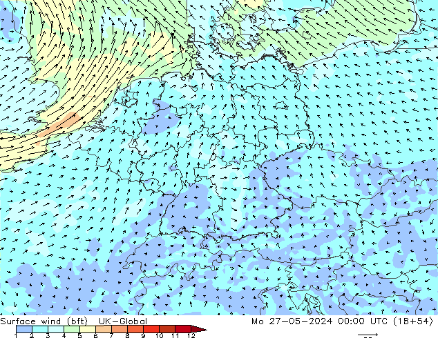 Viento 10 m (bft) UK-Global lun 27.05.2024 00 UTC