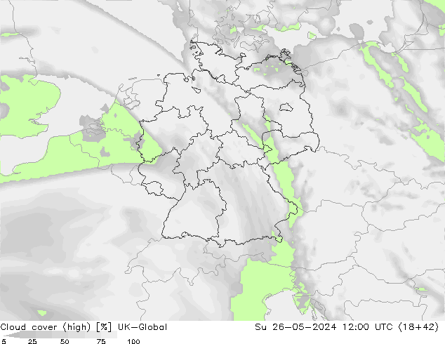 Cloud cover (high) UK-Global Su 26.05.2024 12 UTC