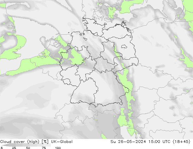 Cloud cover (high) UK-Global Su 26.05.2024 15 UTC
