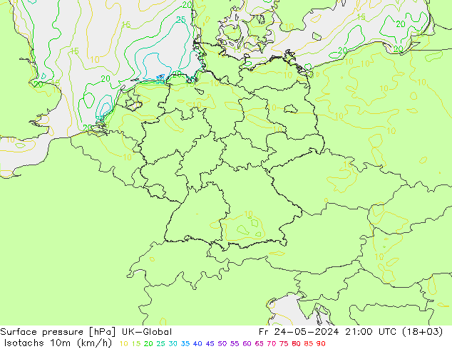 Isotachen (km/h) UK-Global vr 24.05.2024 21 UTC