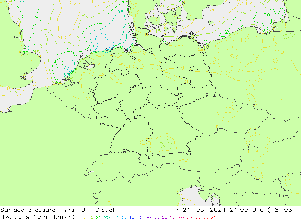 10米等风速线 (kph) UK-Global 星期五 24.05.2024 21 UTC