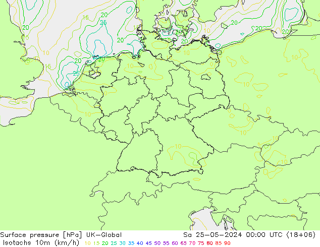 Isotachs (kph) UK-Global Sa 25.05.2024 00 UTC