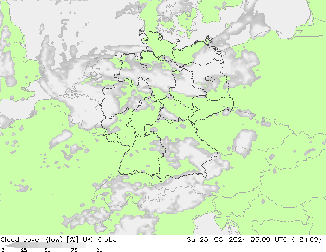 Bewolking (Laag) UK-Global za 25.05.2024 03 UTC