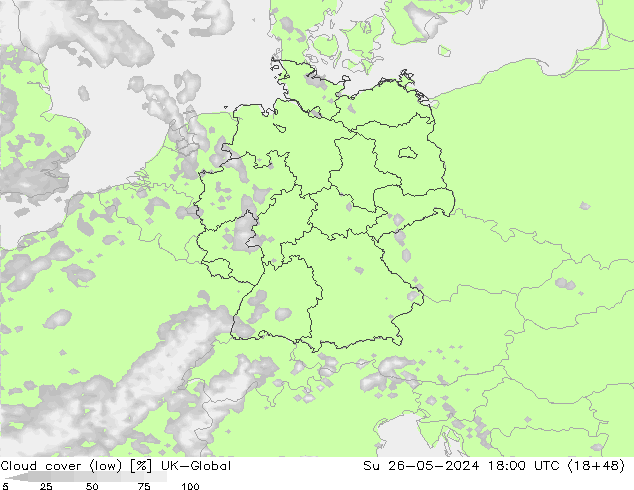 Bewolking (Laag) UK-Global zo 26.05.2024 18 UTC