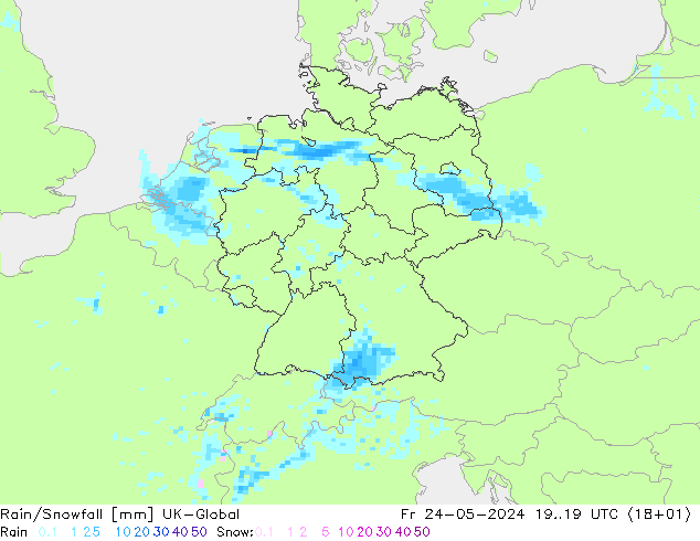 Rain/Snowfall UK-Global Pá 24.05.2024 19 UTC