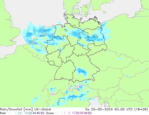 Rain/Snowfall UK-Global sam 25.05.2024 00 UTC