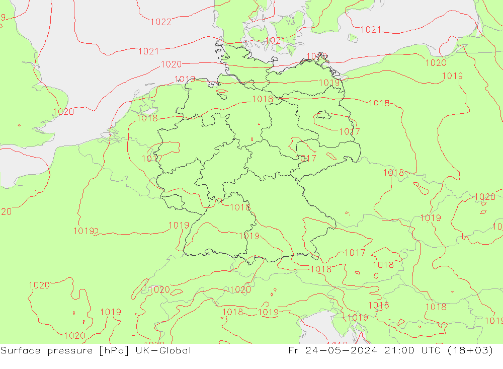 Surface pressure UK-Global Fr 24.05.2024 21 UTC