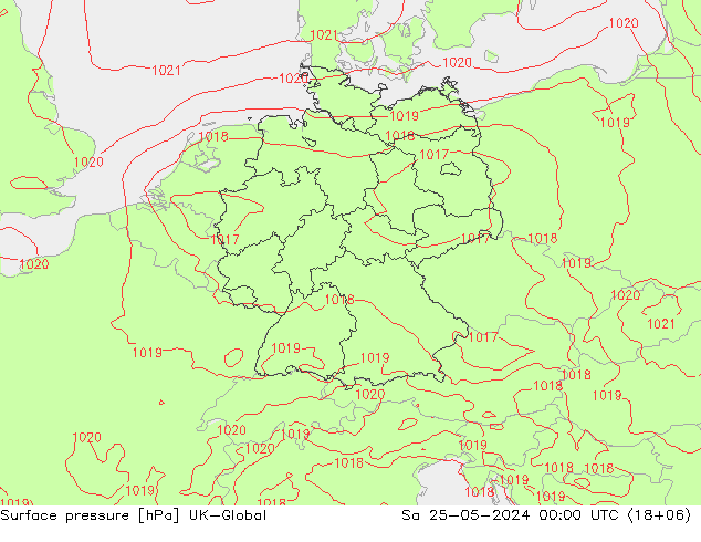 Pressione al suolo UK-Global sab 25.05.2024 00 UTC