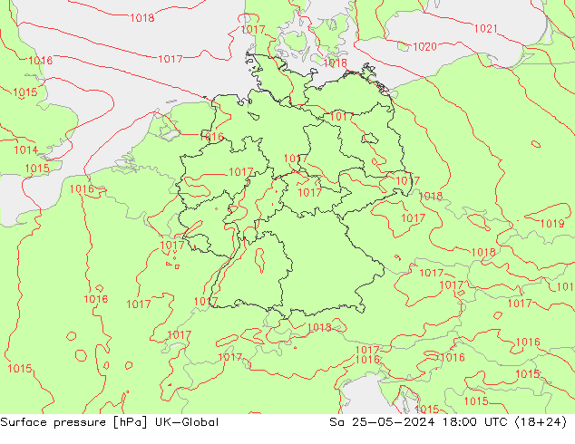 Pressione al suolo UK-Global sab 25.05.2024 18 UTC