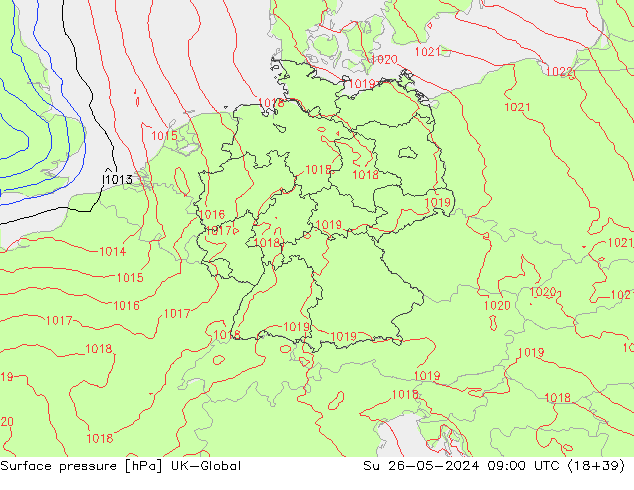 Presión superficial UK-Global dom 26.05.2024 09 UTC