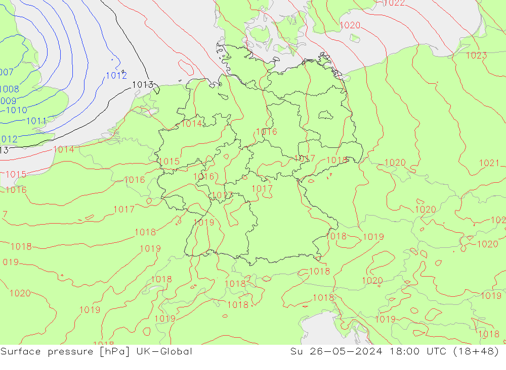 Surface pressure UK-Global Su 26.05.2024 18 UTC