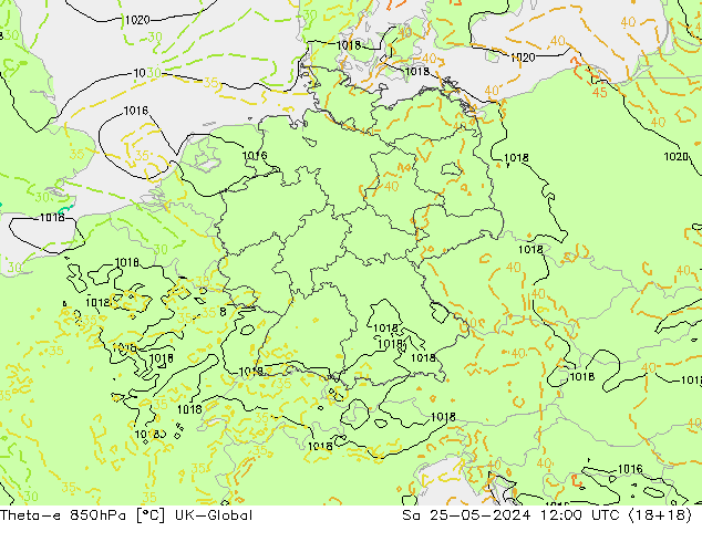 Theta-e 850hPa UK-Global sab 25.05.2024 12 UTC