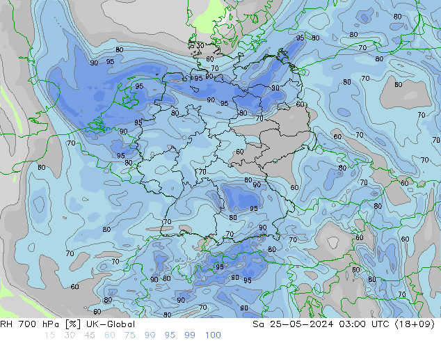 Humidité rel. 700 hPa UK-Global sam 25.05.2024 03 UTC