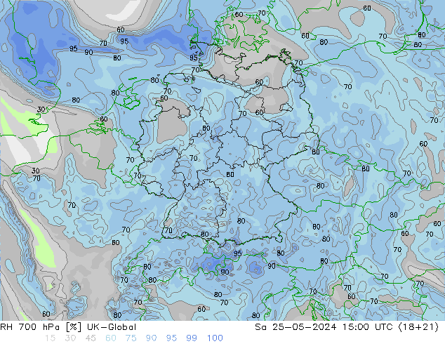 RH 700 hPa UK-Global 星期六 25.05.2024 15 UTC