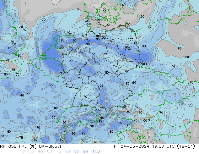 RH 850 hPa UK-Global 星期五 24.05.2024 19 UTC