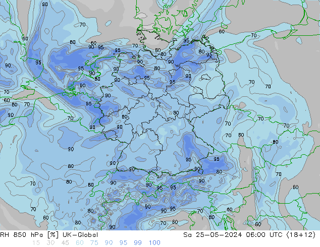 Humidité rel. 850 hPa UK-Global sam 25.05.2024 06 UTC