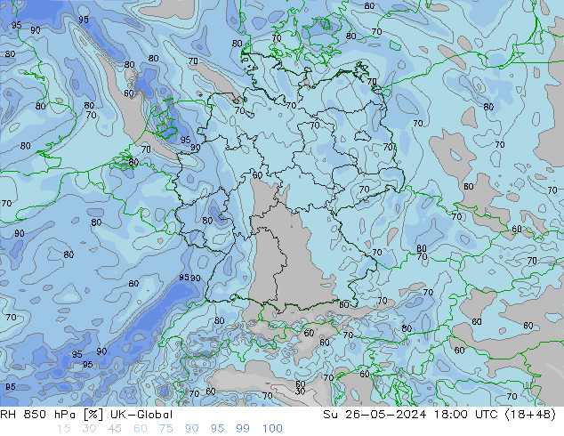 RH 850 hPa UK-Global Su 26.05.2024 18 UTC