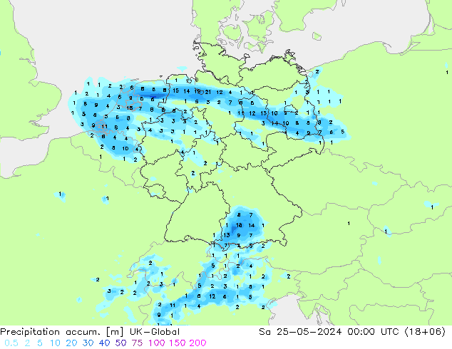 Precipitation accum. UK-Global Sáb 25.05.2024 00 UTC