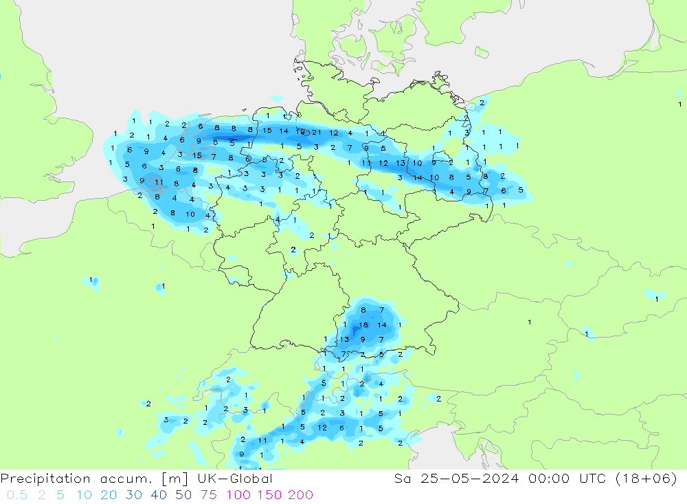 Precipitation accum. UK-Global 星期六 25.05.2024 00 UTC