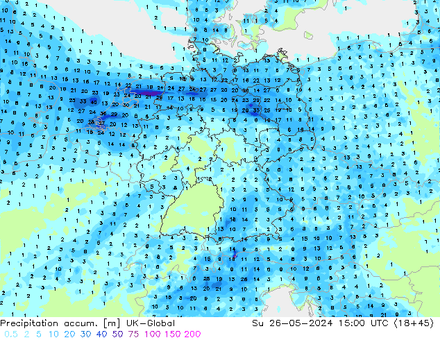 Precipitation accum. UK-Global dom 26.05.2024 15 UTC