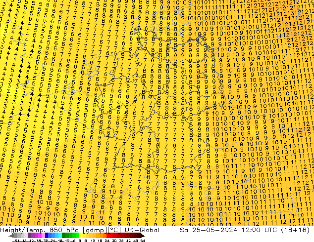 Géop./Temp. 850 hPa UK-Global sam 25.05.2024 12 UTC