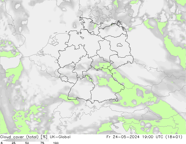 Bewolking (Totaal) UK-Global vr 24.05.2024 19 UTC