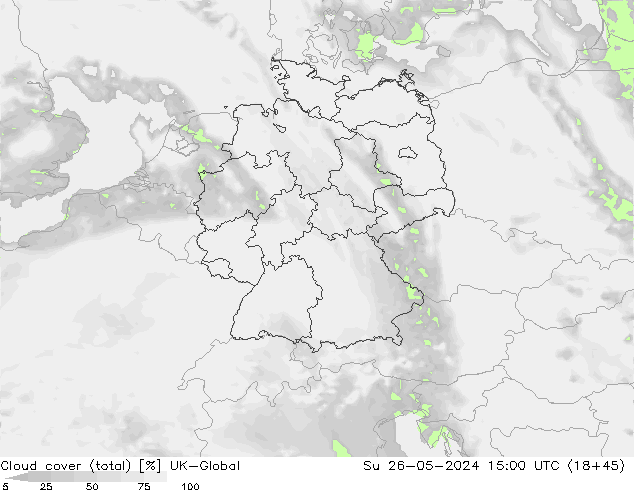 Cloud cover (total) UK-Global Su 26.05.2024 15 UTC