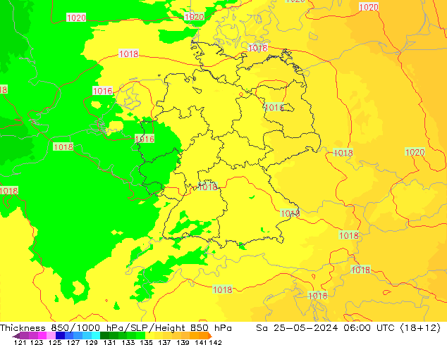 Dikte 850-1000 hPa UK-Global za 25.05.2024 06 UTC