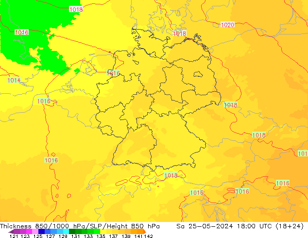 Dikte 850-1000 hPa UK-Global za 25.05.2024 18 UTC