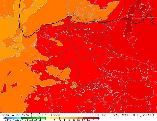 Theta-W 850hPa UK-Global Fr 24.05.2024 18 UTC