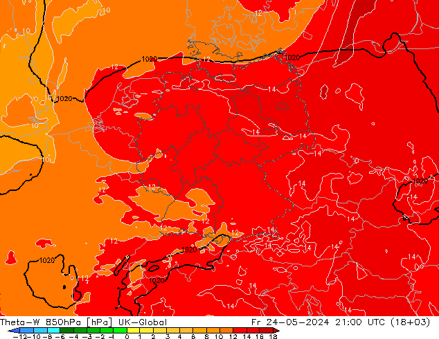Theta-W 850hPa UK-Global 星期五 24.05.2024 21 UTC