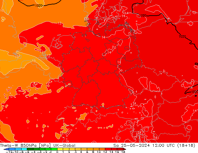 Theta-W 850hPa UK-Global so. 25.05.2024 12 UTC