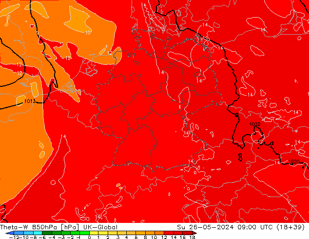 Theta-W 850hPa UK-Global Paz 26.05.2024 09 UTC