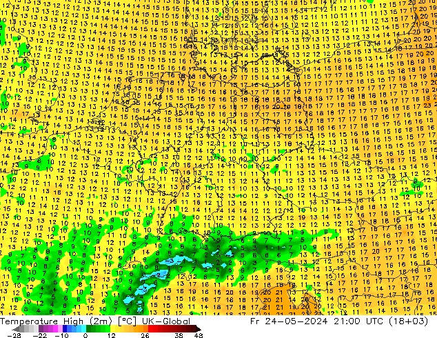 temperatura máx. (2m) UK-Global Sex 24.05.2024 21 UTC