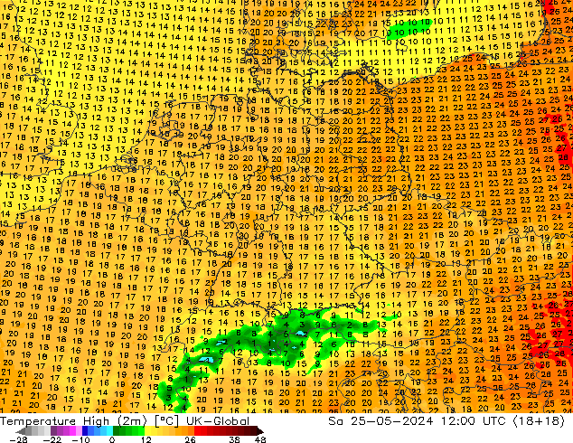 Temp. massima (2m) UK-Global sab 25.05.2024 12 UTC