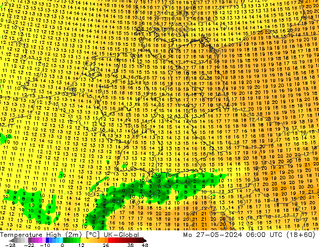 Max. Temperatura (2m) UK-Global pon. 27.05.2024 06 UTC